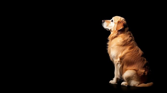 A golden retriever sits elegantly against a dark backdrop, showcasing its friendly expression, perfect for pet care advertisements, animal welfare campaigns, or personal blogs about dogs,