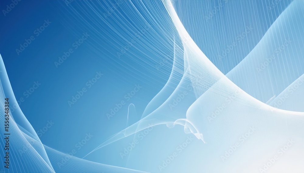 Poster flowing white abstract lines on bright blue gradient sky background for modern web design or tech br