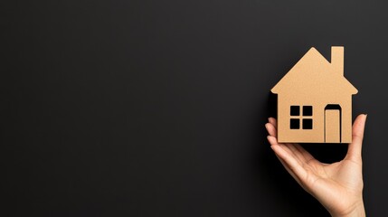 A hand holds a small, textured house model against a dark background, symbolizing home ownership and real estate, This image can be used for articles or marketing in real estate, mortgage advice