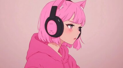 Anime style illustration of a girl with pink hair and cat ear headphones, wearing a hoodie, conveying a cool, focused mood, Ideal for use in gaming or technology-themed content,
