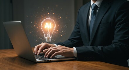 Man Typing on Laptop with Glowing Artificial Intelligence Light Bulb