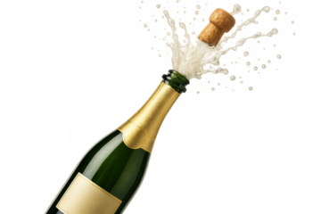Champagne bottle popping its cork with sparkling wine splash on a transparent background, celebrating a special moment