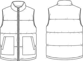 Sleeveless puffer vest flat sketch, front and back view, zipper closure, standing collar, casual outerwear design, CAD vector drawing, winter fashion technical illustration © Creative Asif