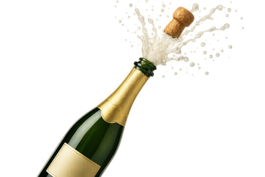 Champagne bottle popping its cork with sparkling wine splash on a transparent background, celebrating a special moment