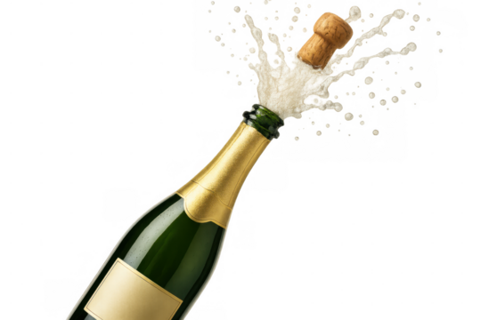 Champagne bottle popping its cork with sparkling wine splash on a transparent background, celebrating a special moment
