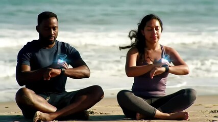 Couple beach yoga, ocean background, smartwatch use - Powered by Adobe