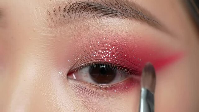 Close-up eye makeup application, glitter eyeshadow, red tones, soft focus background, tutorial