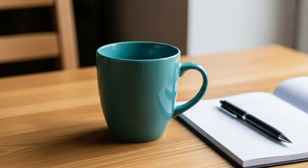 Teal Coffee Mug on Wooden Table with Notepad and Pen.