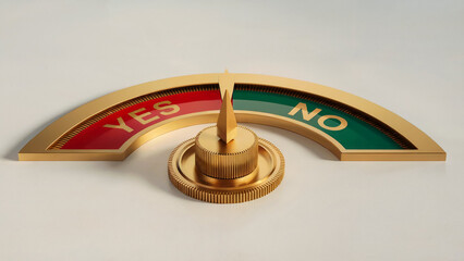 Golden dial with pointer indicating yes on a red segment of the gauge with a green no segment on the other side