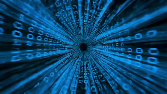 Data stream tunnel; binary code flows; dark background; digital technology