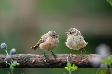 Two adorable small birds perched on a wooden branch, surrounded by soft green foliage.