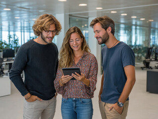 Three young adults standing in modern office, smiling and looking at digital tablet together, casual teamwork atmosphere