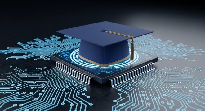 Digital Education Graduation Cap on Microchip with Circuit Board Representing Technological Advancement and Future of Learning
