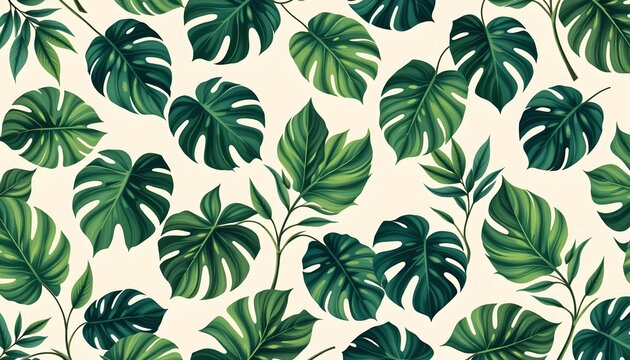 a seamless pattern of large tropical leaves, rendered in shades of green and brown against a white background, creating an organic backdrop with a nat