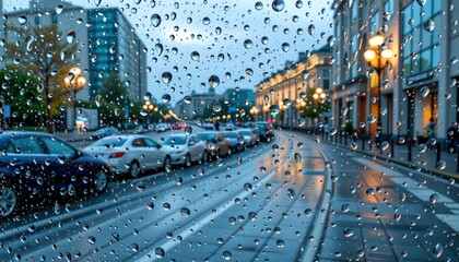 a rainy night street viewed from inside a vehicle through a window speckled with droplets