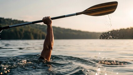 A close-up shot of an arm holding a paddle emerging from the water at sunset, suggesting a moment of activity, struggle, or triumph in a serene natural setting