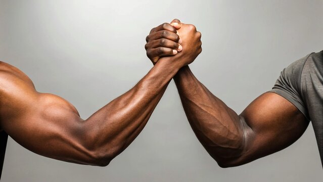 Two strong, muscular individuals engaging in a handshake or arm wrestle, showcasing their physical strength and determination
