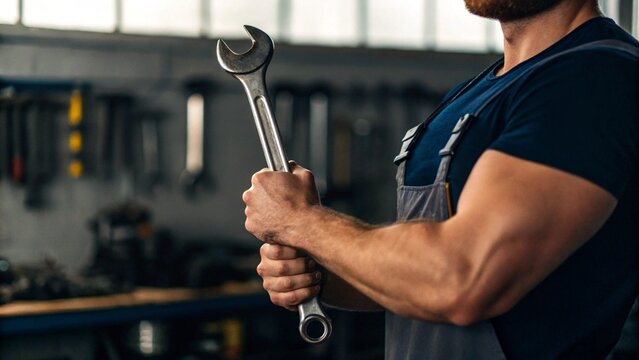 Close-up of a person's hands holding a heavy-duty wrench against a blurred background of a garage or industrial space, symbolizing hard work, technical skills