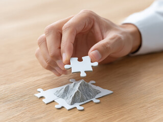Hand puzzle piece mountain creativity solution concept wood table closeup idea problem solving strategy planning success business metaphor