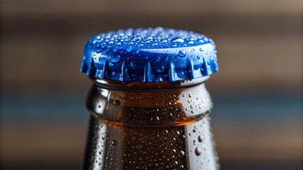 Close-up of a cold, wet amber glass bottle with a vibrant blue screw cap, covered in condensation droplets, suggesting a refreshing beverage or product