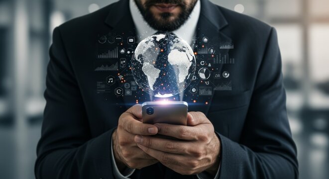 Bearded Business Man Holding Phone with Futuristic Globe Interface - Powered by Adobe