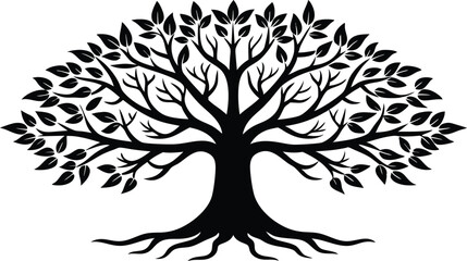 Stylized black tree silhouette with intricate branches isolated on white background