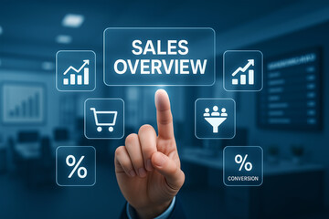 Sales overview dashboard with hand interacting with digital analytics interface, concept of business performance, conversion rate, and ecommerce strategy in modern office