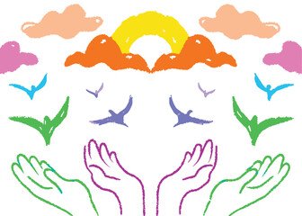 Naklejka premium Hand-drawn vector illustrations: an abstract nature scene with a bird, brush, and sea animals like fish, dolphins, and whales, featuring seamless water patterns and summer designs