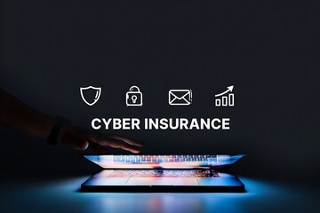 Cyber insurance concept with icons for security data and growth on a laptop