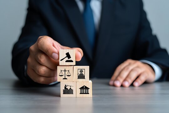 Man stacking wooden blocks with legal and business symbols representing justice and growth