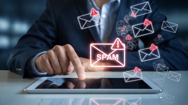 Businessman s finger touches tablet screen with glowing spam email icons and warning symbols floating around - Powered by Adobe