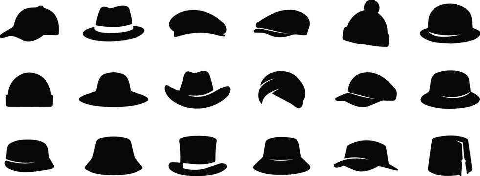 Collection of various male and female hats and caps including top hat, fedora, and beret in solid black silhouette design