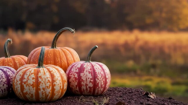 Autumnal Pumpkins at Sunset - A collection of vibrant pumpkins in various shades of orange, purple, and white sit on the ground, with a blurred autumnal background at sunset.