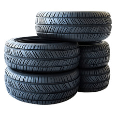 Five black car tires stacked on top of each other, isolated on clear PNG background