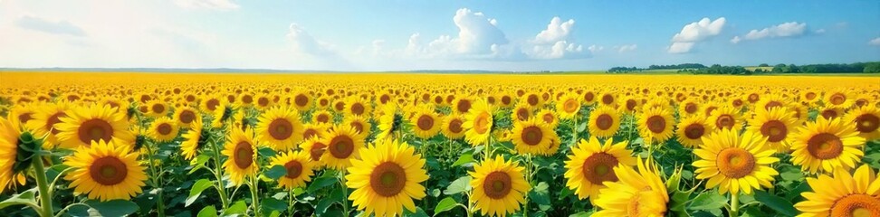 Fototapeta premium Golden Hour Sunflowers A Vast Field of Vibrant Yellow Blooms Stretching to the Horizon Under a Bright Summer Sky, Perfect for Backgrounds, Calendars, and Agricultural Designs.