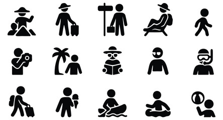 Stickman icon set showing travel, meditation, exploration, reading, vacation, and relaxation in simple black silhouette style