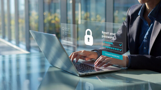 Businesswoman resetting password on a laptop with a holographic interface displaying security and login information