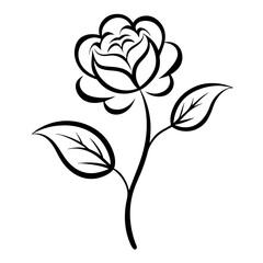 Elegant black line art drawing of a single rose with leaves on a white background