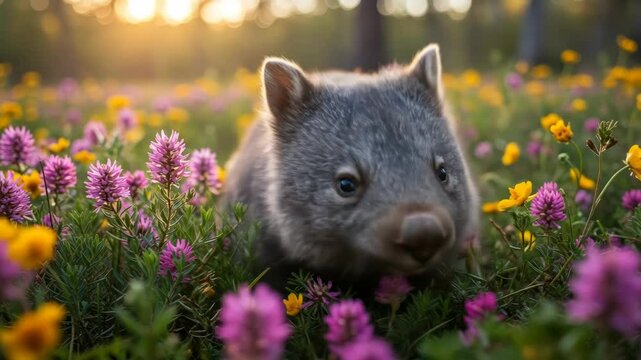 Adorable Wombat in a Field of Flowers at Sunset - A young, gray wombat is seen foraging amongst vibrant purple and yellow wildflowers in a sun-drenched meadow.