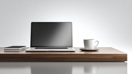 Fototapeta premium Minimalist workspace with a laptop and coffee cup on a desk.
