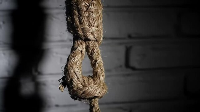 Rope noose against brick wall, dark shadows. Film noir