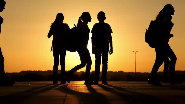 Silhouetted students walk sunset, city background, school