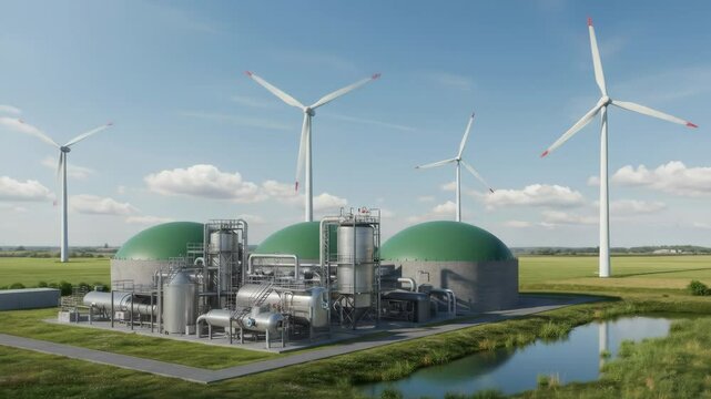 Biogas Plant and Wind Turbines in Rural Landscape - A modern biogas plant with green digesters is situated amidst a picturesque rural landscape, complemented by several wind turbines generating clean