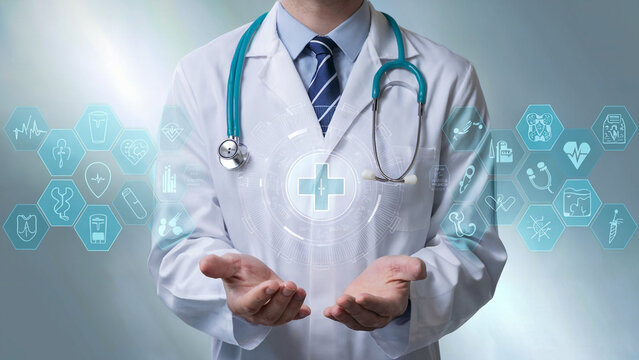 Doctor in white coat with stethoscope presenting digital medical icons and health data in a modern healthcare concept