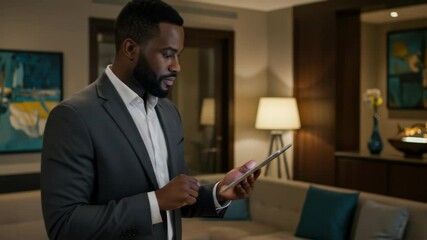 Businessman Using Tablet in Luxurious Hotel Lobby - A well-dressed African American businessman uses a tablet computer while standing in the lobby of a modern, upscale hotel. - Powered by Adobe