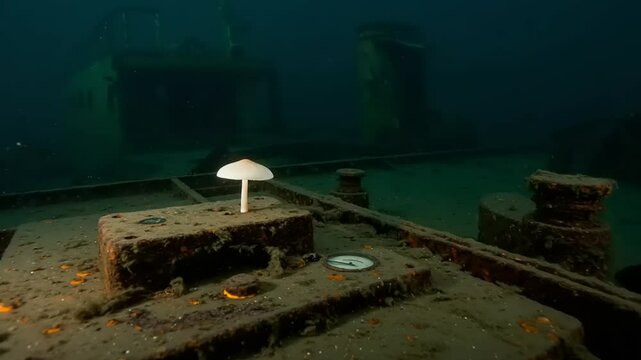 Underwater scene showcasing a solitary mushroom growing on a rusted shipwreck, with marine life in the background