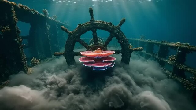 Underwater scene showcasing a shipwreck with a ship's wheel and vibrant jellyfish illuminated by sunlight