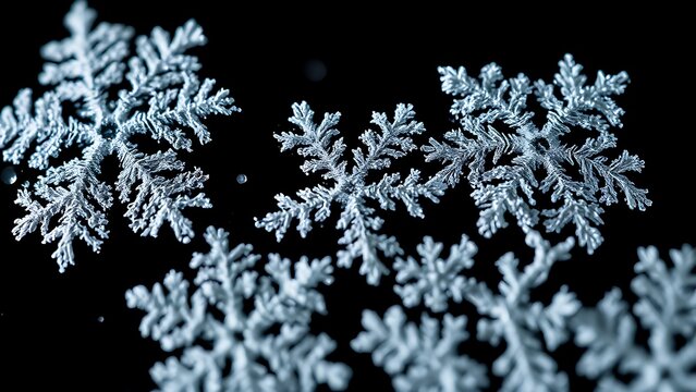 Intricate frostwork ice crystals on a black background, revealing delicate and ethereal patterns.