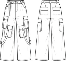 Utility cargo pants technical flat sketch, multi-pocket streetwear design, front and back view, wide-leg silhouette, belt loops, cad drawing, vector illustration