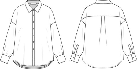 Oversized shirt blouse fashion flat sketch, long sleeve button down design, curved hem technical illustration, minimalist casual top vector, garment CAD drawing
